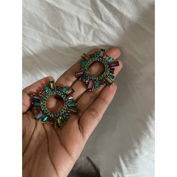 Large green earring stud Sunburst Rhinestone Round ab iridescent Vitrail big - Picture 3 of 7